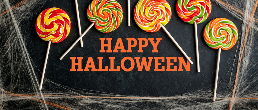 Happy Halloween Lollipops Sweets Black Background Festive Horizontal Banner