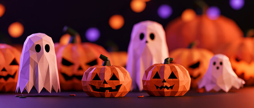 Cute Ghost and Pumpkins Figures Halloween Party Dark Background Horizontal Banner
