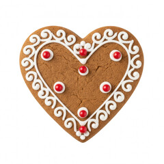 Obraz premium A single heart shaped gingerbread cookie with white icing decoration and red sugar pearls for a holiday treat