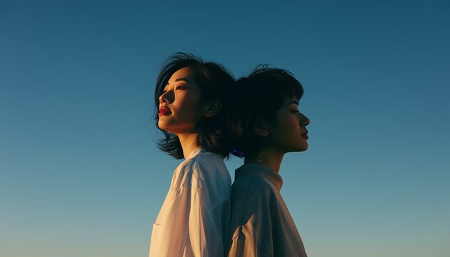 Two women stand back-to-back against a clear sky during golden hour, creating a striking and peaceful silhouette.