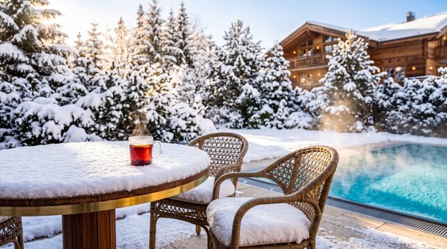 Glass mug of hot tea with steam on a snow-covered patio table next to a heated outdoor swimming pool and wooden ski chalet in winter.