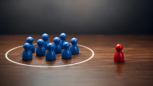 Red Pawn Standing Outside Circle Of Blue Figures Diversity And Discrimination