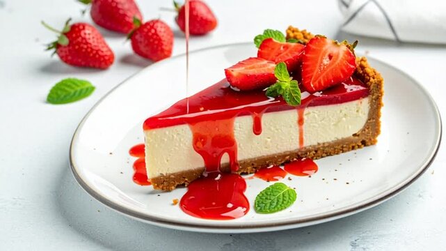 Strawberry cheesecake slice with red berry sauce being drizzled over, garnished with fresh strawberries and mint leaves on a white plate