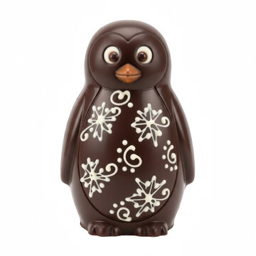Cute chocolate penguin figurine decorated with white snowflake patterns for a festive winter holiday treat