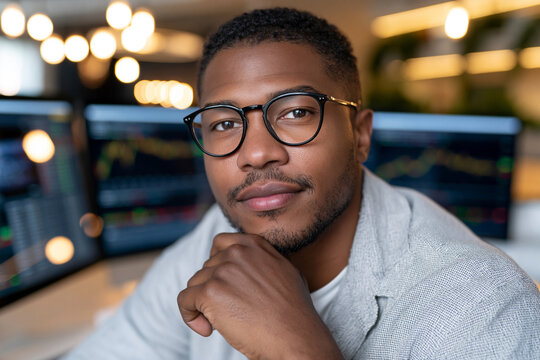 Focused trader rests hand on chin, glasses gleam. Warm bokeh lights glow behind digital screens. Confident expression, calm demeanor, deep concentration. Ideal for finance, trading