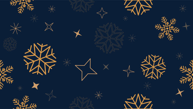 Luxury winter seamless pattern with golden line art snowflakes and sparkling stars on a dark navy blue backdrop