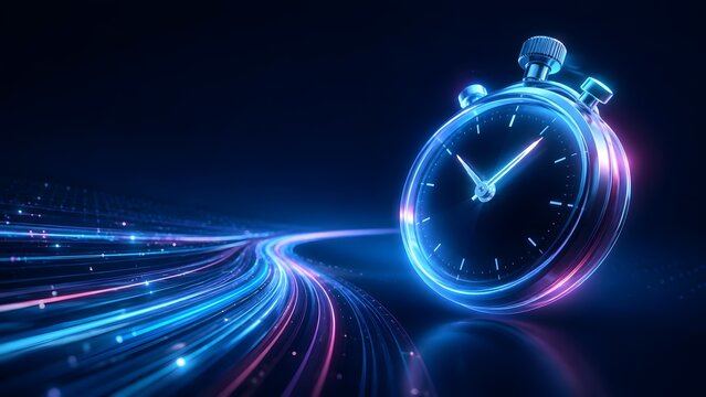 Glowing Neon Stopwatch On High Speed Optical Fiber Data Trail Representing Fast Response Time