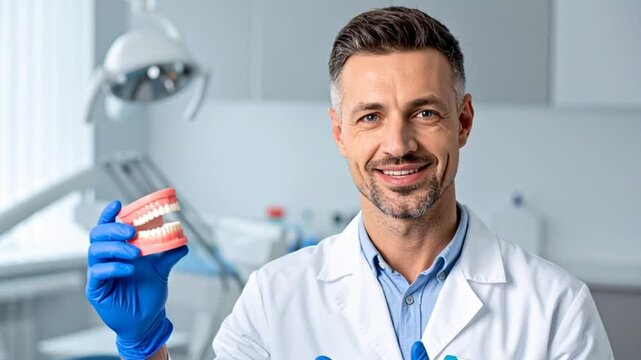 Smiling Male Dentist Holding Jaw Model and Explaining Dental Care in a Modern Clinic