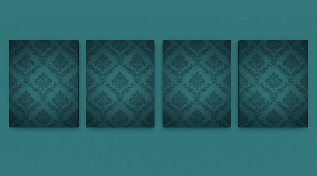 Four framed dark teal damask patterns on a teal wall creating a decorative gallery display