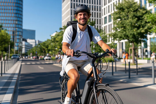 Young man smiles while cycling through city streets. He wears helmet and backpack, riding a modern electric bike. Bright sunlight casts shadows on pavement and trees. Urban buildings loom behind him