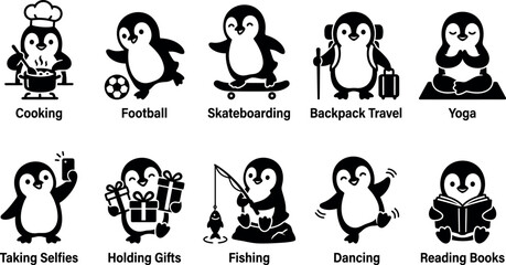Obraz premium Cute penguin character icons set, also 10 black vector penguin hobby illustrations