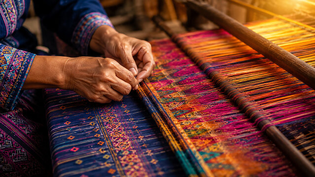 Close-up of Artisan Hands Weaving Traditional Colorful Textile on Wooden Loom