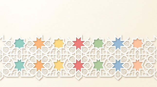 Intricate islamic geometric pattern border with colorful floral motifs on a light beige background