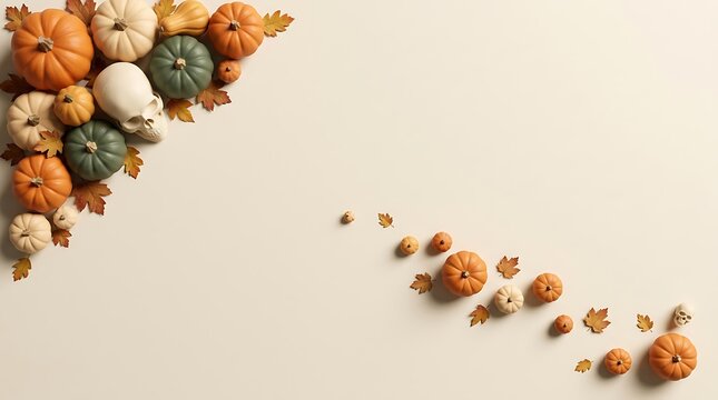 Autumn gourds and pumpkins arranged in a decorative border on a neutral background