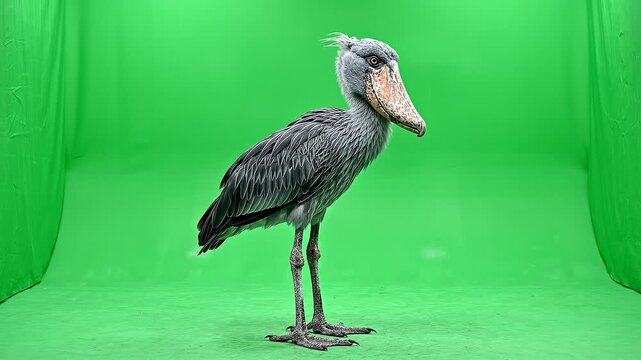 Shoebill Stork Standing and Looking Around on Green Screen