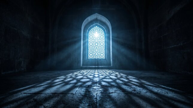 Dramatic light streams through an arched window in an ancient stone building interior