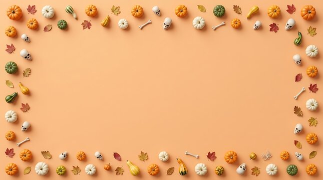 Autumn gourds and pumpkins create a decorative border on a peach background