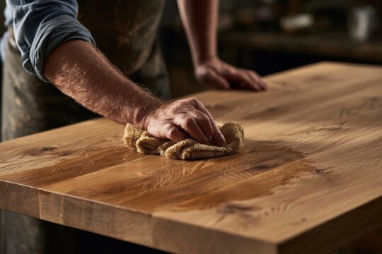 Woodworker's hands applying protective oil to a freshly crafted oak tabletop