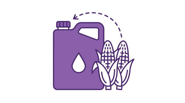 Purple corn oil canister icon showing agricultural fuel production process with simple flat vector design style