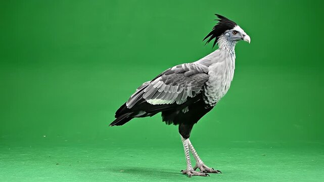 Secretary Bird Walking on Green Screen Studio Background