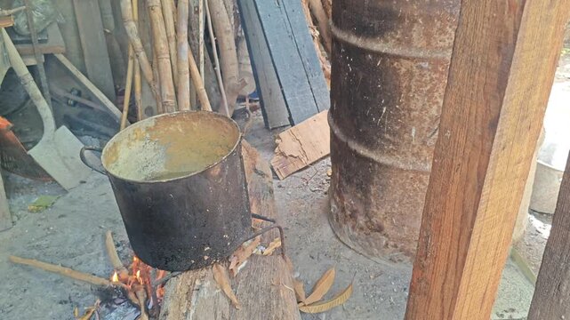 Woman Placing Corn Cobs into Pot of Water Over Wood Stove