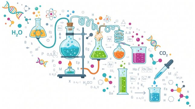 Chemistry laboratory experiment with colorful liquid reactions, flasks, beakers, pipette and molecular symbols, clean flat vector artwork for research, education and chemical science.