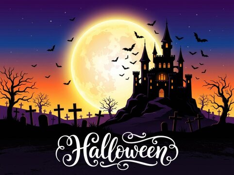 Spooky halloween background featuring a dark haunted castle silhouette against a giant glowing full moon at night