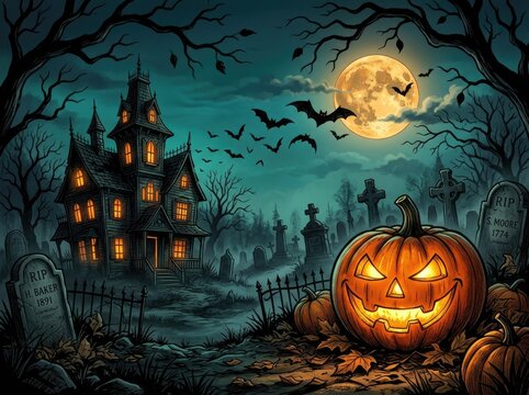 Spooky halloween night scene featuring a glowing jack o lantern in front of a haunted house mansion
