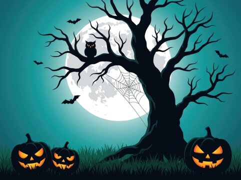 Spooky halloween background featuring a large full moon silhouette tree owls and glowing carved jack o lanterns