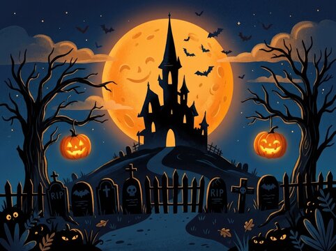 Spooky halloween background featuring a haunted castle silhouette under a giant full moon with glowing jack o lanterns