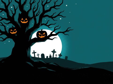 Spooky halloween night background featuring a dark tree with glowing jack o lanterns and full moon