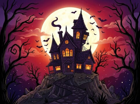 Spooky haunted mansion on a hill with a glowing full moon for a dark halloween night background