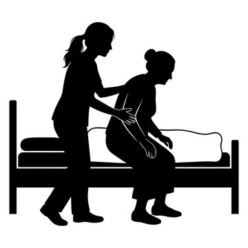 Black silhouette of a nurse helping an elderly woman get up from bed