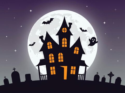 A spooky haunted house silhouette standing in a graveyard under a large full moon for halloween night