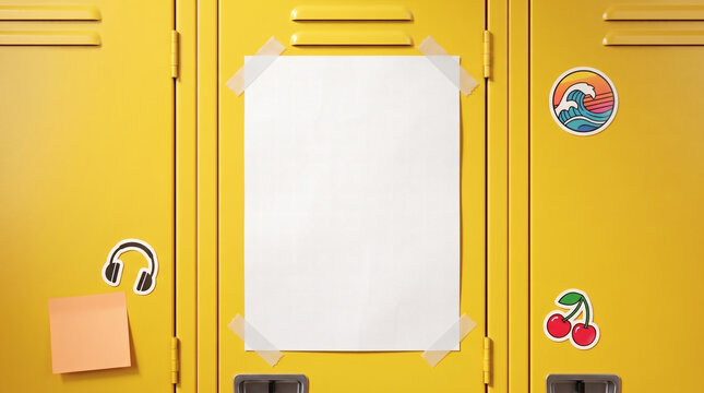 Blank white paper poster mockup on bright yellow school locker with cute stickers and copy space