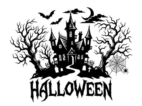 A detailed black and white illustration of a spooky haunted house for a festive halloween holiday design