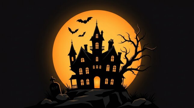A spooky haunted house silhouette set against a giant glowing orange full moon for halloween night celebration