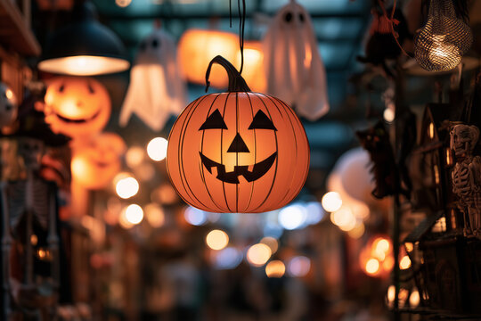 A pumpkin lantern is hanging on a background of bright lights