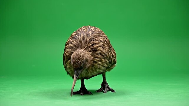 Kiwi Bird Walking and Foraging on Green Screen Chroma Key Studio