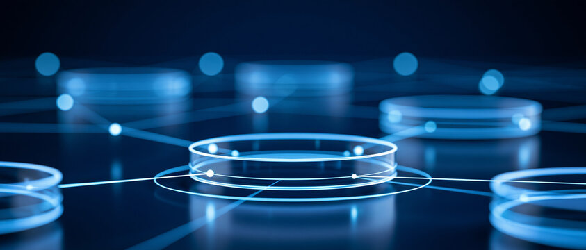 surreal global business network represented by luminous pathways connecting floating glass islands, technology logistics finance and human collaboration integrated into one conceptual scene,