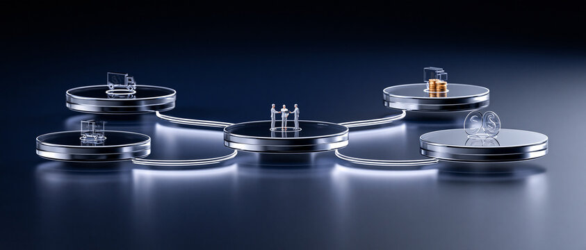surreal global business network represented by luminous pathways connecting floating glass islands, technology logistics finance and human collaboration integrated into one conceptual scene,