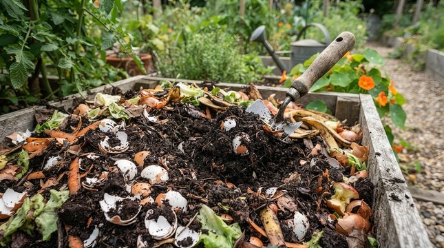 A view into a rustic wooden bin at home containing organic matter showing garden composting cycle.