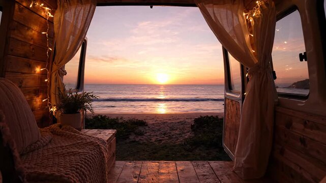 Van Life Tranquility Cozy Interior, Ocean Sunset, Beach Peace, Fairy Lights Travel Magic