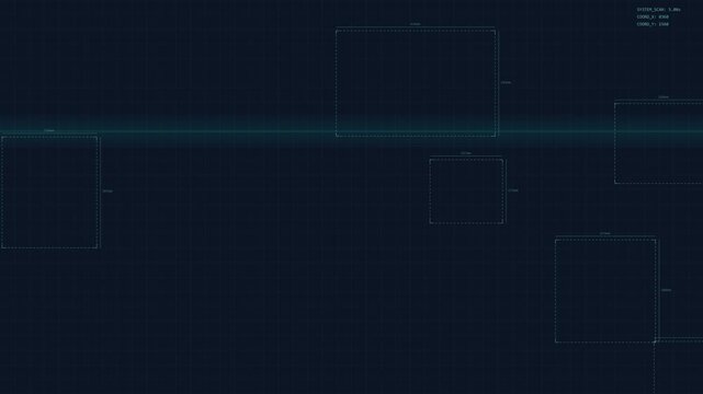 Seamless looping technological background with glowing grid lines and futuristic interface panels on deep blue canvas