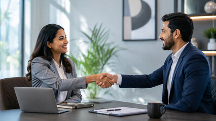 Fototapeta premium Businesswoman and businessman shaking hands across table in modern office.