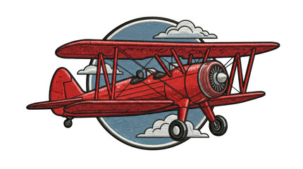 Red biplane flying over blue globe isolated on transparent background © Designer