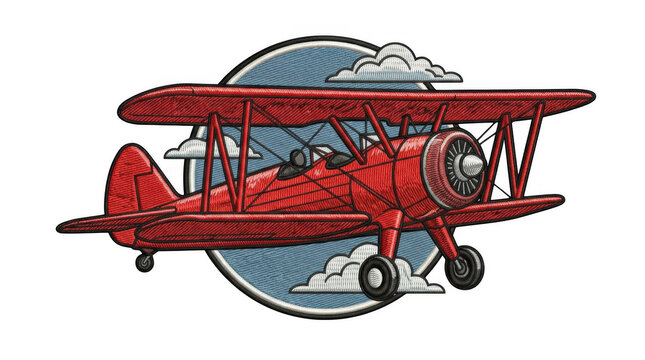 Red biplane flying over blue globe isolated on transparent background