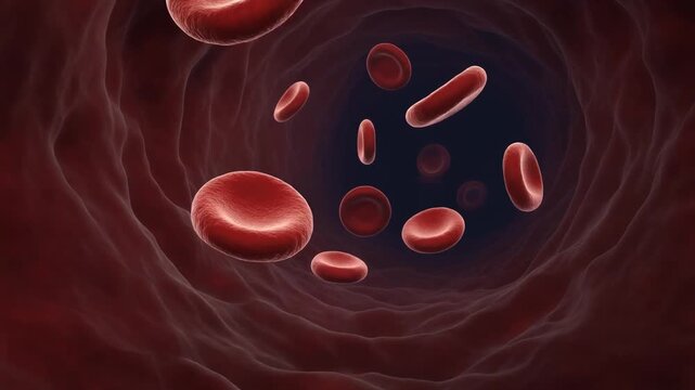 Realistic red blood cells flowing through a narrow capillary for hematology education, medical research, healthcare presentations, and scientific communication.