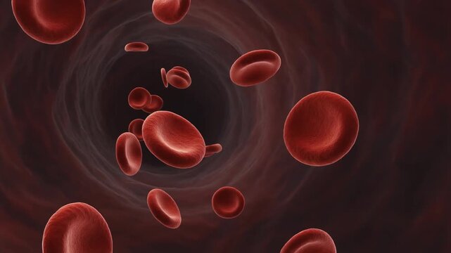 Red blood cells flowing through a blood vessel with clean copy space for healthcare websites, medical presentations, scientific education, and corporate communication.
