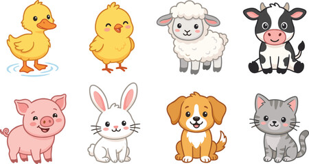 Obraz premium Cute Farm Animal Character Collection with Duckling Sheep Cow Pig Rabbit Puppy and Kitten Illustrations